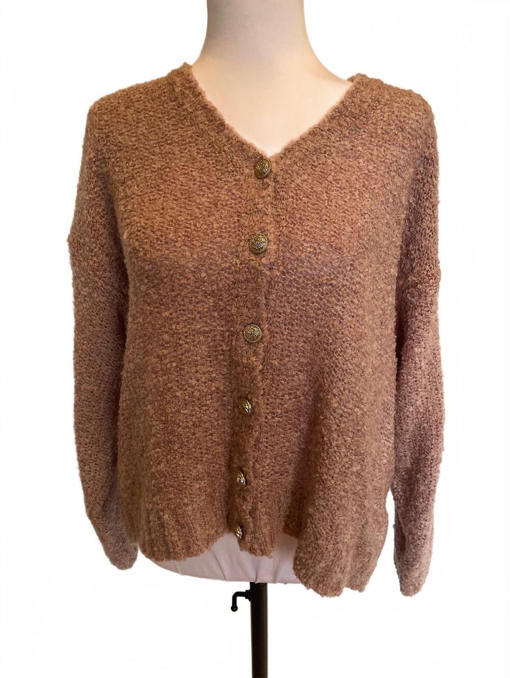 Vintage Shenanigans Dusty Pink Bouclé Cardigan Sweater Large NWT
